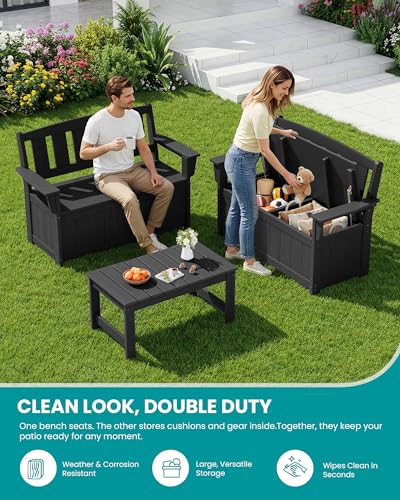 SERWALL HDPE Outdoor Storage Bench, All-Weather, UV-Resistant Deck Box with Waterproof Storage Bags, 57 Gallon Dual-Use Seat & Organizer Deck Boxes for Patio, Garden Tools & Pool (Dark Black)