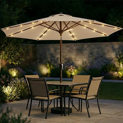 Patio Kingdom 11FT Solar Patio Umbrella with Lights, Outdoor Table Market Umbrella with 32 LED Lights, 8 Sturdy Ribs, Smooth Crank Lift for Pool, Deck and Garden, UV-Resistant, Beige