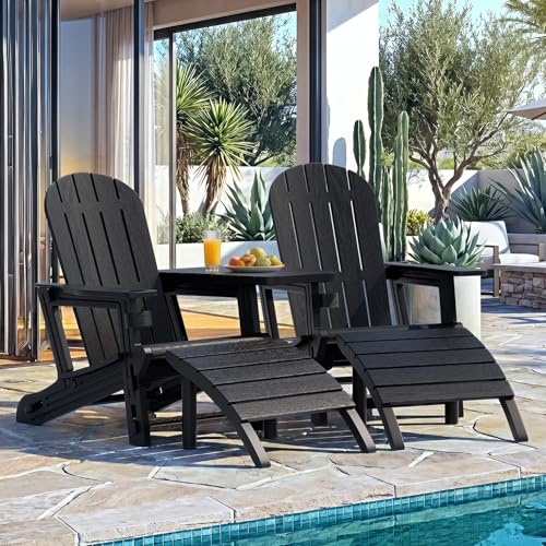 Vongrasig Adirondack Chairs Set of 2 with Removable Tabletop and Footrest, HDPE Plastic Outdoor Chair Set with Wooden Textured, Cup Holder for Patio, Poolside, Garden, Black, 5 Pieces