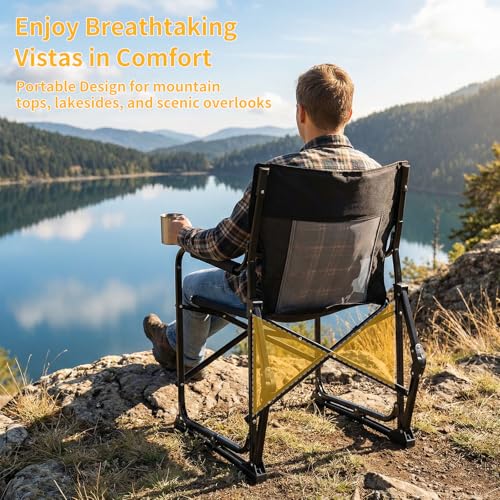HAPPYMONT Folding Rocking Chair for Adults - Outdoor Camping and Lawn Chair with Breathable Mesh, Detachable Waterproof Armrests and Cup Holder – Portable Travel Seat, Black