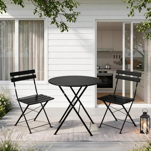 EO Living 3-Piece Steel Folding Bistro Set, Premium Weather-Resistant Patio Table & 2 Chairs for Balcony, Garden, Yard, Poolside & Indoor (Black)