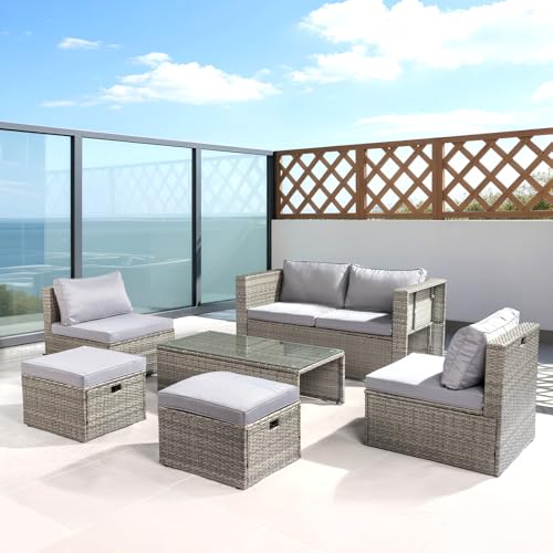VINGLI 6 Pieces Wicker Patio Furniture Set, Outdoor Sectional Furniture Patio Conversation Set Space-Saving Design with Ottomans and Coffee Table for Garden,Poolside, Backyard(Grey)
