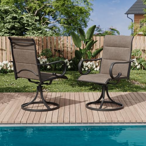 MELLCOM Patio Swivel Chair Set of 2, High Back Padded Textilene Outdoor Dining Chairs with E-Coating Metal Frame, All-Weather Outdoor Furniture Rocker for Backyard, Porch, Garden, Lawn, Brown