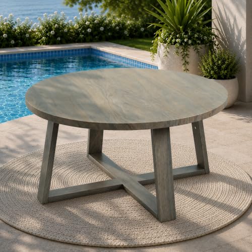 COMLAX FIELD Indoor Round Coffee Table with 35.5” Woodgrain Finish Table Top, Outdoor Metal Modern Side Table 125lbs for Backyard Porch Balcony Living Room, Brown