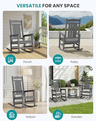 SERWALL Oversized Outdoor Rocking Chair Set of 2, HDPE Patio Rocking Chair, All-Weather Porch Rocker for Balcony, Yard, Dark Gray