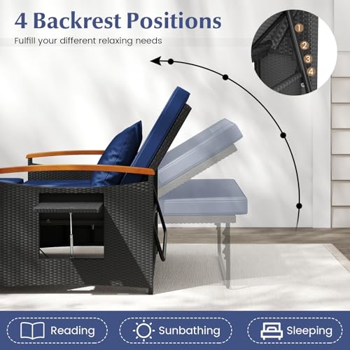 COSTWAY Patio Rattan Daybed, Outdoor Loveseat Sofa with Storage Ottoman, 4-Level Adjustable Backrest & Acacia Wood Armrest, Outdoor Wicker Daybed with Side Panels for Yard, Deck, Poolside (Black&Navy)