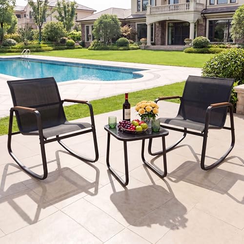 YITAHOME 3 Piece Outdoor Rocking Bistro Set, Textilene Patio Furniture Set with Wooden Armrests, Porch Chairs Set with Glass Table for Garden, Lawn, Poolside, Balcony, Dark Gray