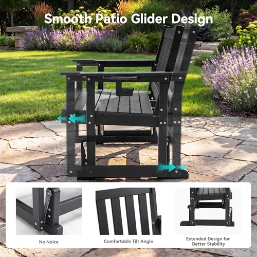 COSIEST 2 Person Outdoor Glider Bench, HDPE All-Weather Patio Glider with Cup Holder, Swing Chair for Garden, Backyard, Porch, and Deck,660LBS Capacity, Grey