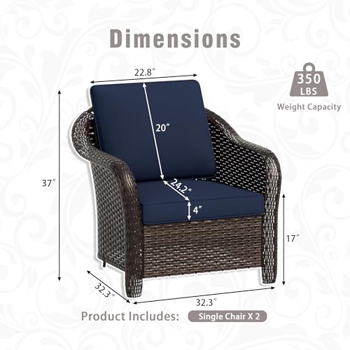 Qsoer Outdoor Wicker Chair Set of 2, All-Weather Use Patio Rattan Chair with Seat and Back Cushion, Ideal for Porch, Backyard, Balcony, Poolside, Blue