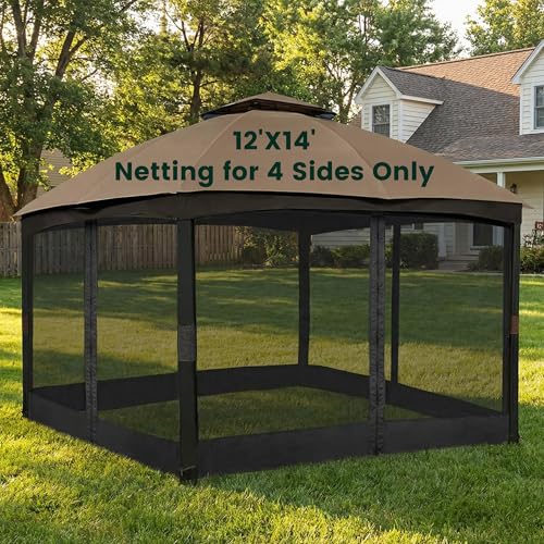 Gazebo Universal Replacement Mosquito Netting, Upgrade 12' x 14' Outdoor Canopy Net Screen 4-Panel Sidewall Curtain, with Zippers, Easy to Install, Fit for Most Gazebo 12x14 Canopy, Black
