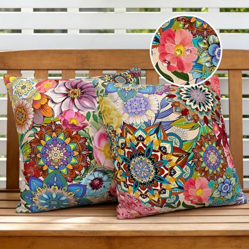 Waiyear Outdoor Pillow Covers 18x18 Boho Floral Waterproof Throw Pillow Covers Colorful Decorative Outdoor Cushion Cases for Patio Funiture Garden Bench Balcony Sofa Couch Set of 2