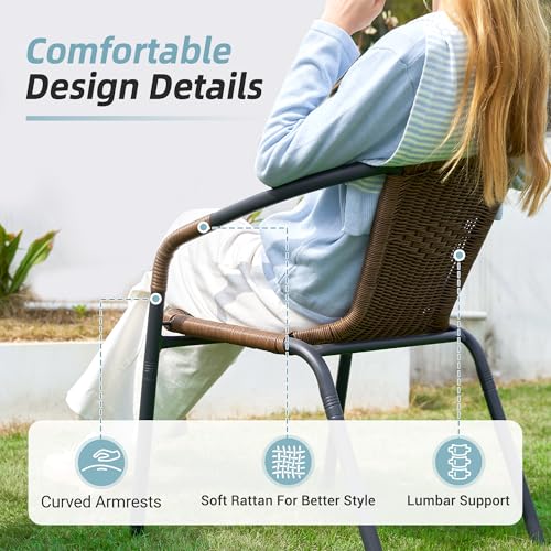 Amopatio Outdoor Dining Chairs Set of 6, Stackable Outdoor Patio Chairs, Rattan Patio Chairs Set of 6, for Porch, Deck, Yard, Garden, Poolside, Bistro, Restaurant, 6 Pack, Brown