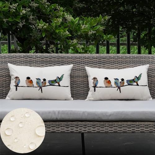RABUSOFA Outdoor Pillow Covers Waterproof 12x20,Outdoor Bird Lumbar Throw Pillow Cases Small Decorative Pillows for Couch Patio Furniture Polyester Linen Teal Blue