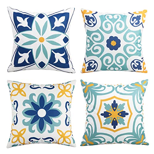 Pyonic Outdoor Waterproof Throw Pillow Covers Set of 4 Floral Printed and Boho Farmhouse Summer Outdoor Pillow Covers for Patio Funiture Garden 18x18 Inch Blue