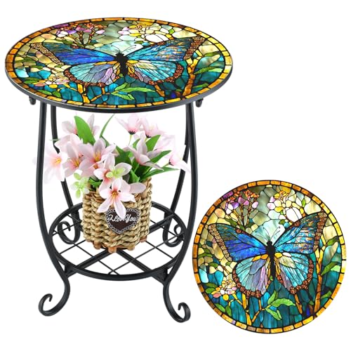 Cinnvoice Outdoor Side Table Round Small Mosaic Patio Accent Indoor End Plant Coffee Tea Table for Yard Patio Porch Garden Living Room, Bedroom(Butterfly Style,14 Inch)