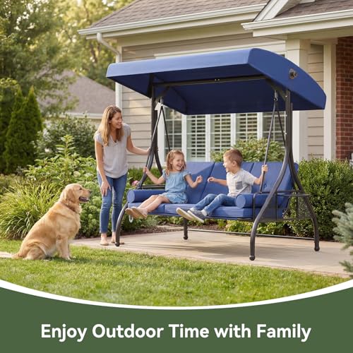 Aoxun Outdoor Porch Swing with Stand and Canopy, 3 Seats Outdoor Swings for Adults, Convertible 2 in 1 Swing Bed with Cup Holder, Patio Swings with Thicken Cushions for Garden, Yard & Balcony, Blue
