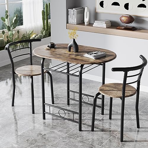 JUMMICO 3-Piece Wooden Round Table & Chair Set, Space Saving Kitchen Breakfast Nook Wood Grain Tabletop with Metal Frame and Built-in Wine Rack for Kitchen, Dining Room (Walnut/Black)