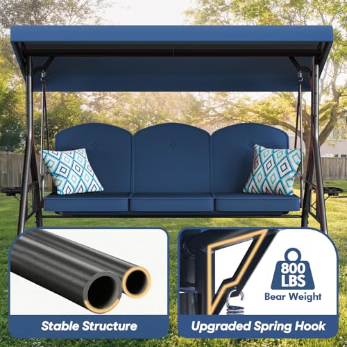ZZW 3 Seat Outdoor Porch Patio Swing with Stand 800lbs 2-in-1 Convertible Swing Bed with Adjustable Canopy & Removable Cushion for Yard Garden Deck (Blue, Round Tube)