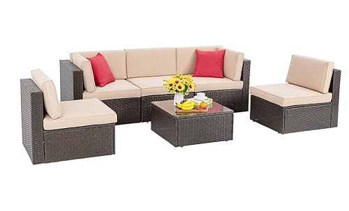 Vongrasig 6 Pieces Patio Furniture Set, Outdoor Sectional Patio Sofa Couch, PE Wicker Rattan Patio Set with Coffee Table for Garden, Backyard, Poolside (Beige)