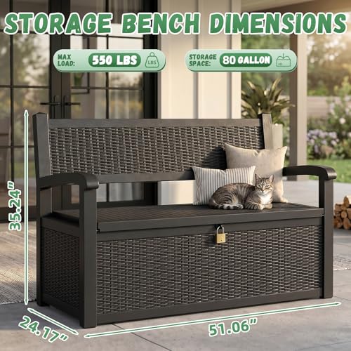 MAIUSCOLI 80 Gallon Outdoor Storage Bench Waterproof Resin Lockable UV Resistant Deck Box Benches Furniture Outside Porch Patio Pool Garden Tool Cushion Black