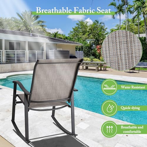 Shintenchi 3 Piece Rocking Bistro Set, Outdoor Furniture with Rocker Chairs and Glass Coffee Table Balcony, Porch Furniture for Small Space, Gray