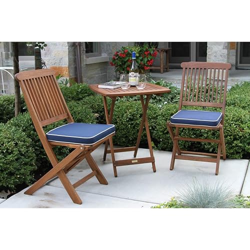 Outdoor Interiors Eucalyptus Wood 3-Piece Square Foldable Bistro Outdoor Furniture Patio Set, Table and 2 Chairs with Cushions, Blue