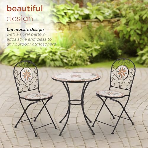 Alpine Corporation Indoor/Outdoor 3-Piece Mosaic Bistro Set Folding Table and Chairs Patio Seating, Tan