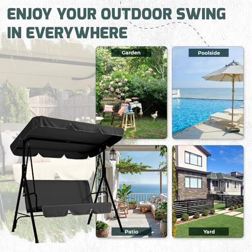 AECOJOY Porch Swing with Stand, Outdoor Swings for Adults, 3-Seat Outdoor Swing with Canopy, Outside Swing Bench with Removable Cushion, Suitable for Backyard, Garden, Yard, Poolside, Balcony (Black)