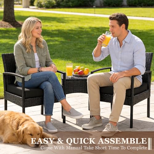 PROHIKER 3 PCS Patio Rattan Conversation Bistro Chairs Set, Outdoor Patio Furniture Wicker Bistro Set with Coffee Table for Garden Porch Balcony Yard Lawn, Black