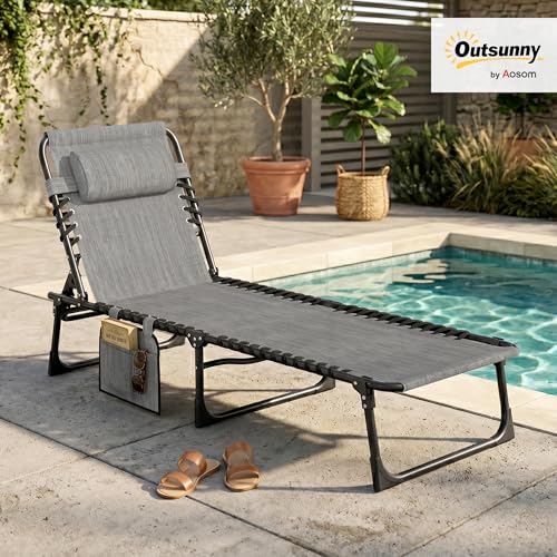 Outsunny Folding Chaise Lounge Chair Outdoor, Sun Tanning Chair with Side Pocket, Carrying Strap, Portable Patio Beach Lounger with 5-Position Reclining Back, Headrest for Pool, Camping, Yard, Gray