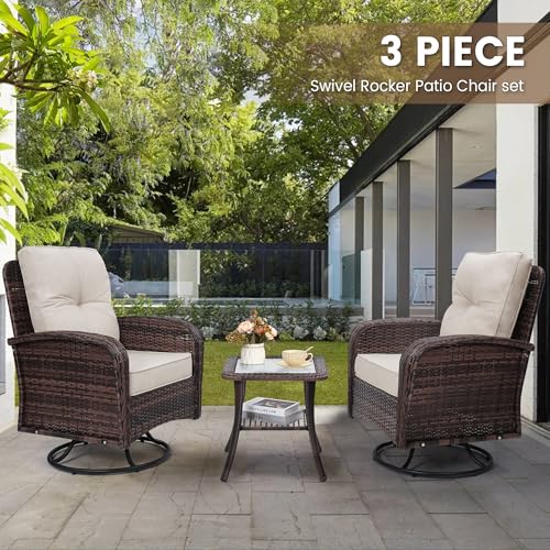 wildformers Luxury Outdoor Swivel Wicker Glider Patio Chairs with Table Set, Overstuffed Washable Cushions, Ideal for Porch, Balcony, Deck, Brown Rattan and Beige Cushion