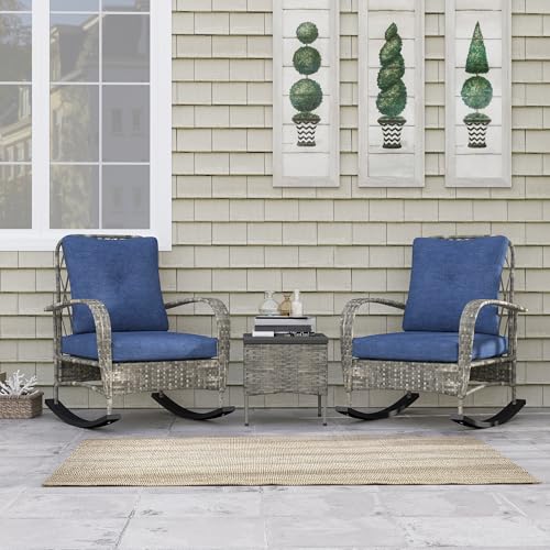 Outsunny 3 Piece Wicker Patio Furniture Set, PE Rattan Rocking Chairs with Coffee Table, Cushions, Outdoor Bistro Set for Porch, Garden, Poolside, Gray