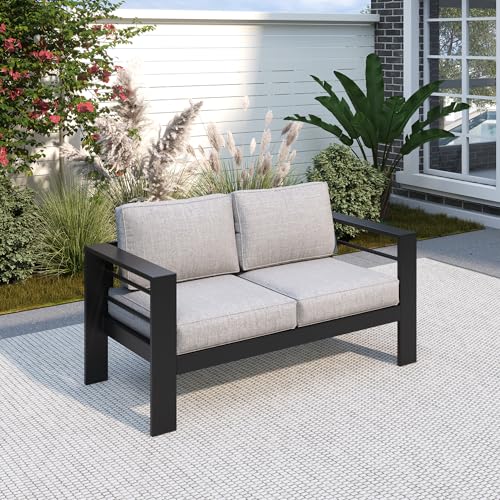 Solaste Aluminum Patio Loveseat, Metal Patio Sofa with Water-Resistant Cushion, Weather-Resistant Modern Outdoor Loveseat, Black Frame Grey Cushion