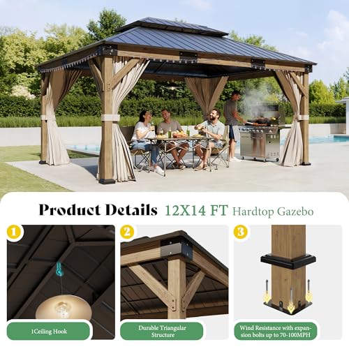 AMERLIFE 12' x 14' Heavy Duty Hardtop Gazebo with Double Metal Roof, Wood Gazebo with Privacy Curtains & Mosquito Netting, Outdoor Pavilion for Backyard, Garden & Patio, Brown
