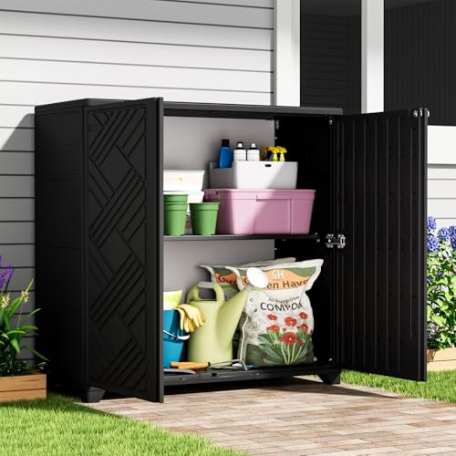 KINYING Outdoor Storage Cabinet Waterproof with 2 Shelves, 60 Gallon Resin Storage Shed for Patio/Garden/Backyard, Outdoor Storage Box for Cushions,Garden Tools and Pool Supplies,Black