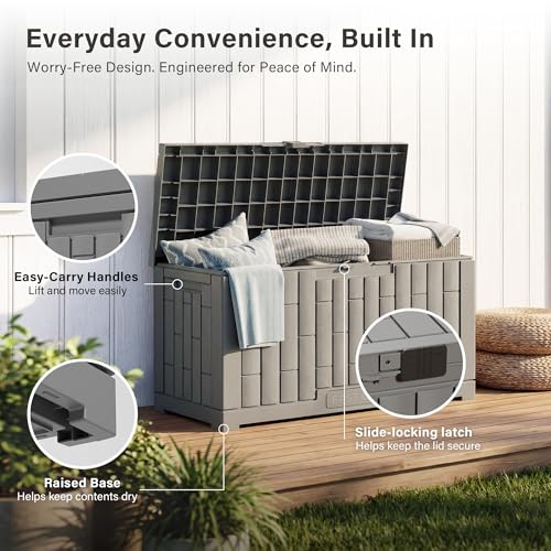 EAST OAK Outdoor Storage Box, 60 Gallon Deck Box Indoor and Outdoor Use, Waterproof Resin Storage Bin for Patio Cushions, Gardening Tools, Lockable, UV Resistant, Grey