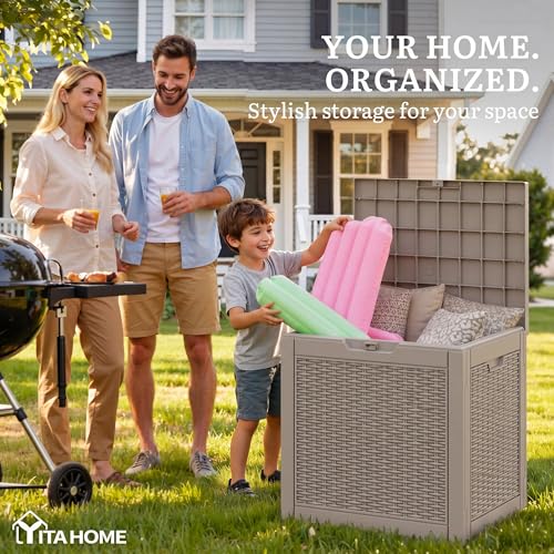 YITAHOME 35 Gallon Outdoor Deck Box, Lockable Waterproof Storage Box, Resin Storage Bin for Patio Cushions, Gardening Tools, UV Resistant, Brown
