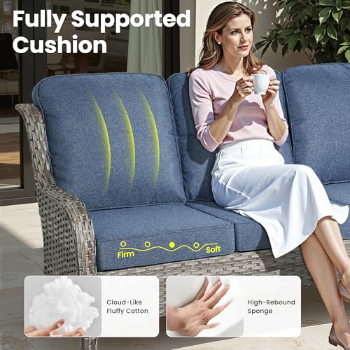 ovios 5-Piece Patio Furniture Set with Swivel Chairs Side Table, Outdoor Wicker Sofa with 42" Fire Pit Table, High Back Couch Modern Conversation Sets, Grey/Denim Blue