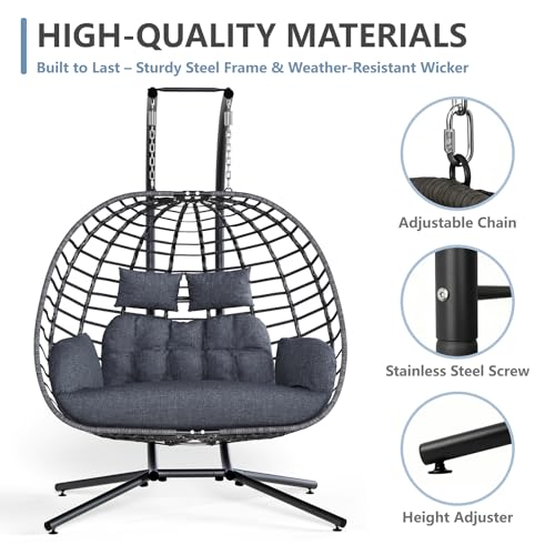 SWITTE Double Egg Swing Chair with Stand, Outdoor Patio 2 Person Hanging Wicker Hammock Chairs with Cushion for Indoor Bedroom, Lawn, Garden-Dark Grey