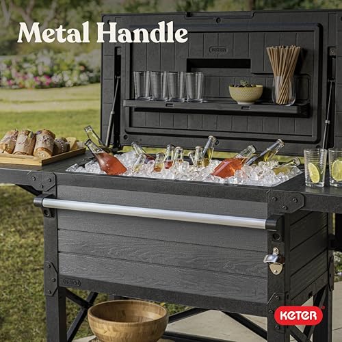 Keter 89.8 Qt Portable Outdoor Patio Cooling Chest, Ice Chest Beverage Party Bar Cart Table with Swivel Wheels, Shelves, and Bottle Opener, Graphite