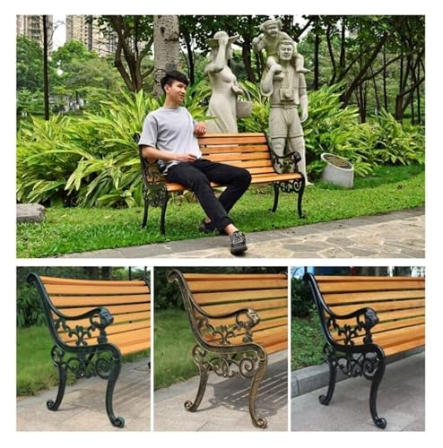 Outdoor Solid Wood Garden Park Bench for 2-3 People, Weatherproof Patio Lawn Bench Porch Seat with Cast Iron Frame, Porch/Deck/Patio Furniture Bench with Backrest and Armrests(Brown+Antique Green Legs