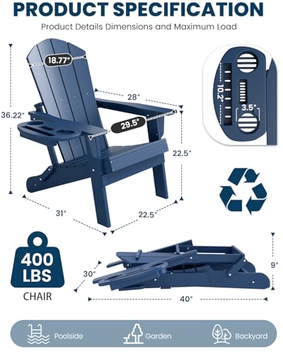 FOOWIN Folding Adirondack Chair Set of 4, HDPE Adirondack Chairs with Cup Holder, Weather Resistant Plastic Fire Pit Chairs for Outdoor, Patio, Lawn, Garden, Backyard, Deck, Dark Blue