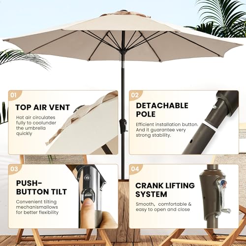 Ayge 9FT Large Outdoor Patio Umbrella Market Table Umbrella-UV Resistant, Easy Push Button Tilt and Crank, 8 Sturdy Fiberglass Ribs Heavy-Duty Pool Umbrella for Deck, Backyard,Garden,Beige