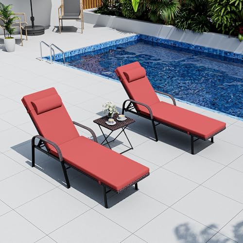 ASJMR Patio Chaise Lounge Set 3 Pieces Outdoor Lounge Chair with Rattan Adjustable Backrest Armrest and Folding Table for Beach Patio,Sand, for Poolside Backyard Porch