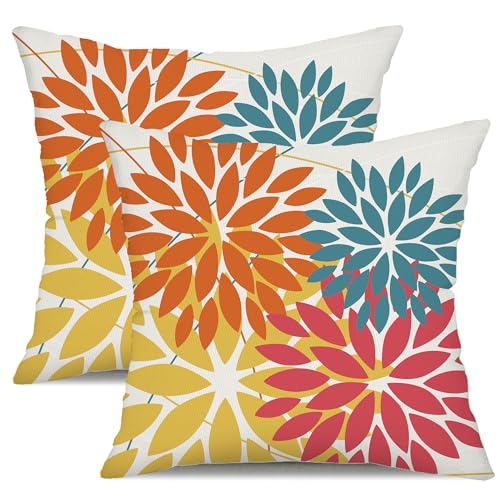 DFXSZ Outdoor Pillow Covers 18x18 Inch Set of 2 Orange Yellow Red Flower Decorative Waterproof Fall Summer Outdoor Pillow Covers for Patio Funiture Garden Couch 168G18