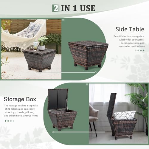 VINGLI Outdoor Side Table with Storage, 13-Gallon Patio Deck Box Outdoor Wicker Side Table for Poolside Balcony Storage Table (Brown, Trapezoid)