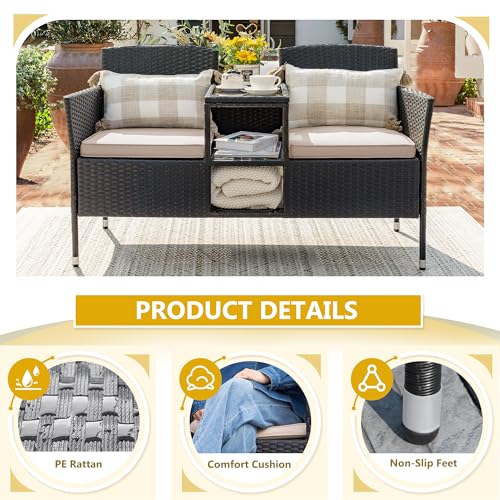 Devoko Outdoor Patio Loveseat Modern Rattan 2-Seat Patio Conversation Set with Cushions & Built-in Coffee Table Porch Furniture for Garden Lawn Backyard (Beige)