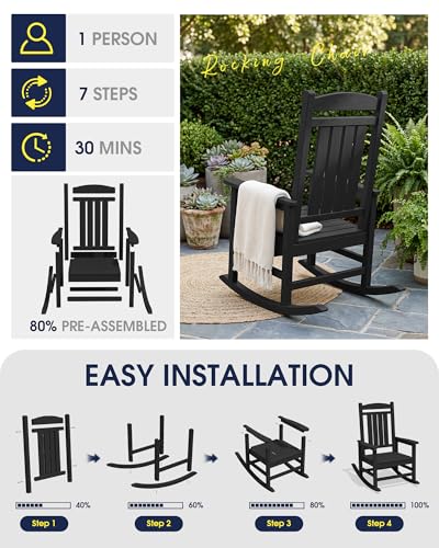 KINGYES Oversized Outdoor Rocking Chair Set of 2, High Density Polyethylene Patio Rocking Chairs with 350lbs Support for Adults,Porch Recliner Rocker, Black