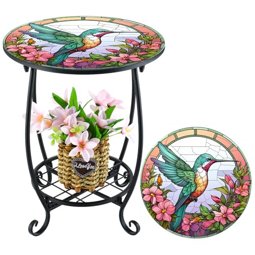 Cinnvoice Outdoor Side Table Round Small Mosaic Patio Accent Indoor End Plant Coffee Tea Table for Yard Patio Porch Garden Living Room, Bedroom(Hummingbird Style,14 Inch)