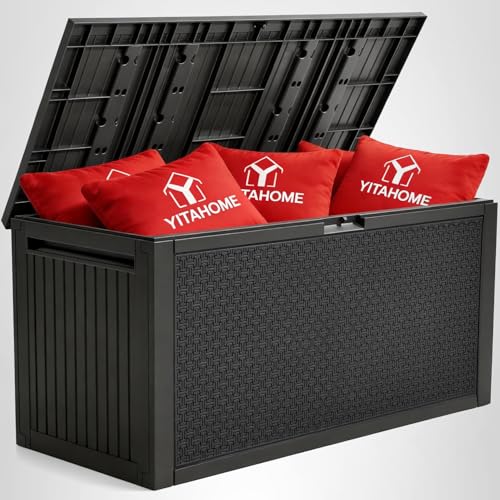 YITAHOME 70 Gallon Deck Bench with Storage, Outdoor Storage Box Bench with Armrests for Patio Garden Pool Porch, Waterproof&Lockable, Black